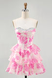 White Blue Floral A Line Strapless Corset Tiered Short Prom Dress