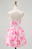 White Blue Floral A Line Strapless Corset Tiered Short Prom Dress