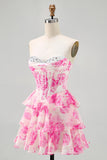 Pink Flower Strapless Corset Printed Cocktail Dress with Sequins