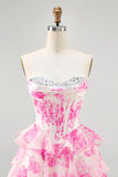 White Blue Flower A-line Strapless Corset Tiered Short Prom Dress with Sequins