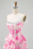 Pink Flower Strapless Corset Printed Cocktail Dress with Sequins