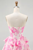 White Blue Flower A-line Strapless Corset Tiered Short Prom Dress with Sequins