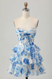 White Blue Flower A-line Strapless Corset Tiered Short Prom Dress with Sequins