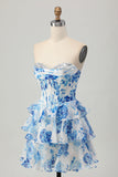 Pink Flower Strapless Corset Printed Cocktail Dress with Sequins