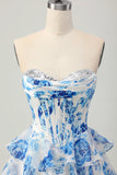 Pink Flower Strapless Corset Printed Cocktail Dress with Sequins