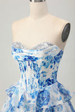 White Blue Flower A-line Strapless Corset Tiered Short Prom Dress with Sequins