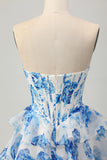 White Blue Flower A-line Strapless Corset Tiered Short Prom Dress with Sequins