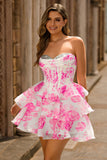 White Blue Floral A Line Strapless Corset Tiered Short Prom Dress