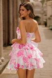White Blue Floral A Line Strapless Corset Tiered Short Prom Dress