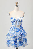 White Blue Floral A-line Strapless Ruffle Cut Out Cocktail Dress with Bow