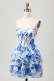 White Blue Floral A-line Strapless Ruffle Cut Out Cocktail Dress with Bow