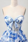 White Blue Floral A-line Strapless Ruffle Cut Out Cocktail Dress with Bow