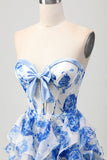 White Blue Floral A-line Strapless Ruffle Cut Out Cocktail Dress with Bow
