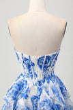 White Blue Floral A-line Strapless Ruffle Cut Out Cocktail Dress with Bow