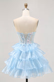 Tiered Sequin Blue Strapless Corset Cocktail Dress