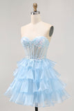 Tiered Sequin Blue Strapless Corset Cocktail Dress