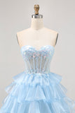 Tiered Sequin Blue Strapless Corset Cocktail Dress