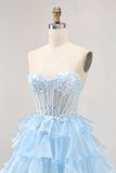Tiered Sequin Blue Strapless Corset Cocktail Dress