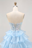 Tiered Sequin Blue Strapless Corset Cocktail Dress