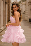 Pink Tiered Sequins Strapless Corset Mini Cocktail Dress
