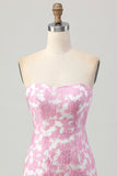 Pink Floral Off the Shoulder Short Prom Dress with Detachable Sleeves