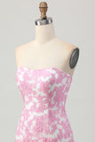 Pink Floral Off the Shoulder Short Prom Dress with Detachable Sleeves