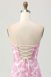 Pink Floral Off the Shoulder Short Prom Dress with Detachable Sleeves