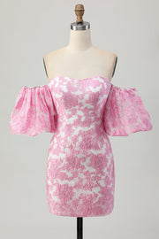 Pink Floral Off the Shoulder Short Prom Dress with Detachable Sleeves