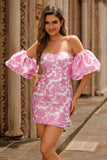 Strapless Floral Textured Pink Cocktail Dress with Puff Sleeves