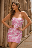 Strapless Floral Textured Pink Cocktail Dress with Puff Sleeves