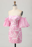 Pink Floral Off the Shoulder Short Prom Dress with Detachable Sleeves