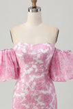 Pink Floral Off the Shoulder Short Prom Dress with Detachable Sleeves