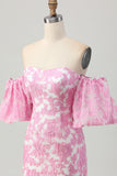 Pink Floral Off the Shoulder Short Prom Dress with Detachable Sleeves