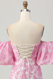 Pink Floral Off the Shoulder Short Prom Dress with Detachable Sleeves