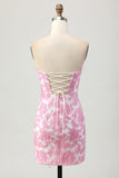 Pink Floral Off the Shoulder Short Prom Dress with Detachable Sleeves