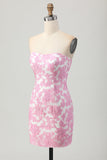 Pink Floral Off the Shoulder Short Prom Dress with Detachable Sleeves