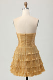 Metallic Golden Strapless Pleated Tiered Short Prom Dress
