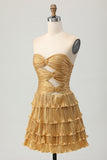 Metallic Golden Strapless Cut Out Pleated Tiered Cocktail Dress