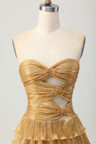 Metallic Golden Strapless Cut Out Pleated Tiered Cocktail Dress