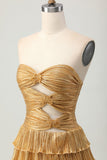 Metallic Golden Strapless Cut Out Pleated Tiered Cocktail Dress