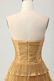 Metallic Golden Strapless Cut Out Pleated Tiered Cocktail Dress