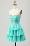 Yellow A-Line Strapless Tiered Corset Short Prom Dress with Beading