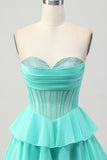 Yellow A-Line Strapless Tiered Corset Short Prom Dress with Beading