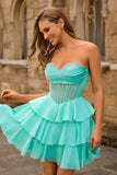 Strapless Corset A Line Green Cocktail Dress with Beading