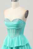 Yellow A-Line Strapless Tiered Corset Short Prom Dress with Beading