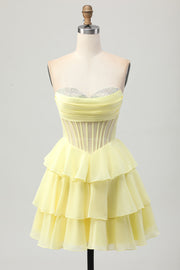 Yellow A-Line Strapless Tiered Corset Short Prom Dress with Beading
