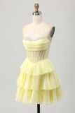 Yellow A-Line Strapless Tiered Corset Short Prom Dress with Beading