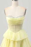 Yellow A-Line Strapless Tiered Corset Short Prom Dress with Beading