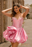 Pink Strapless A Line Corset Beaded Cocktail Dress with Rhinestones