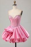 Pink Bodycon Sweetheart Satin Corset Cocktail Dress with Rhinestones